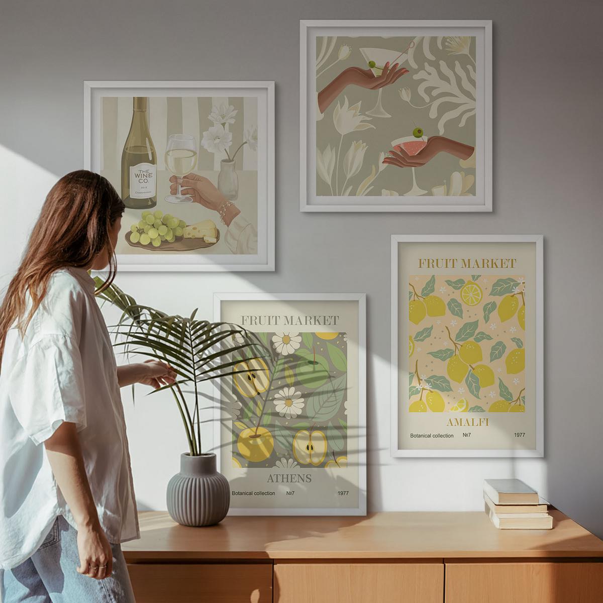 BILDER SET 4er Set - 50x50 cm & 40x60 cm Weißer Rahmen - Fruchtige Muster italienischer Wein - Weiß, Kunststoff (50/50cm) - TULUP