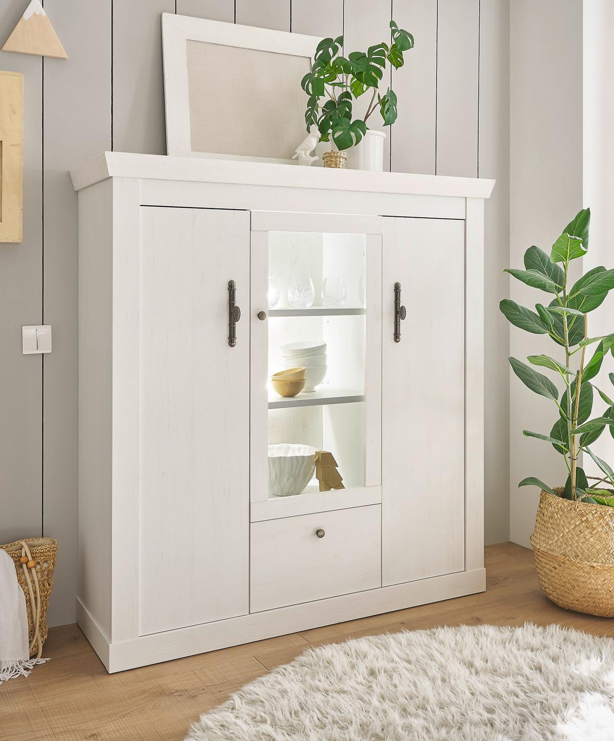 HIGHBOARD weiß Pinie Landhaus, Anrichte mit Soft-Close und Beleuchtung - Weiß, Holzwerkstoff/Kunststoff (141/146/45cm) - Furn.Design