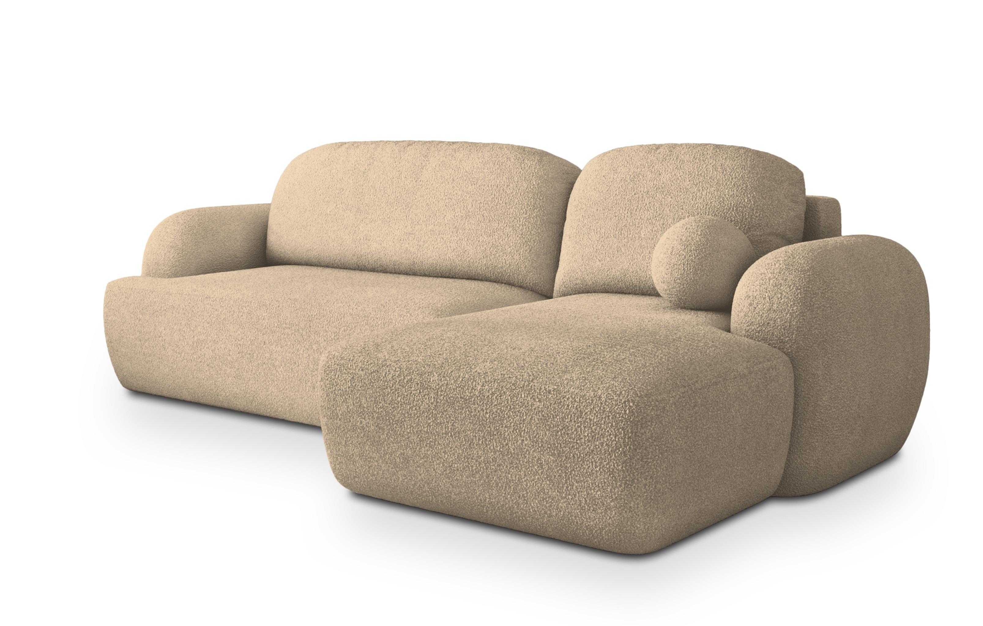 ECKSOFA MODENZA N R-S Creme Boucle-Stoff mit Schlaffunktion - Creme/Schwarz, Holz/Kunststoff (266/148cm) - MASSENO