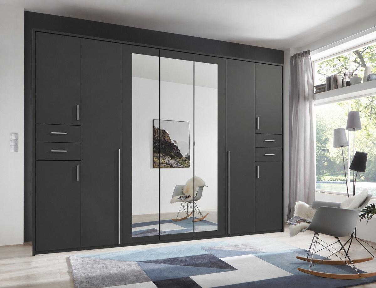 DREHTÜRENSCHRANK B313/H210/T58 cm in Grafit, Kleiderschrank mit Passepartout & 3 Spiegeltüren & Schubkästen, Griffe alufarbig / 22583 - Silberfarben/Graphitfarben, Holzwerkstoff/Kunststoff (313/210/58cm) - luma-home