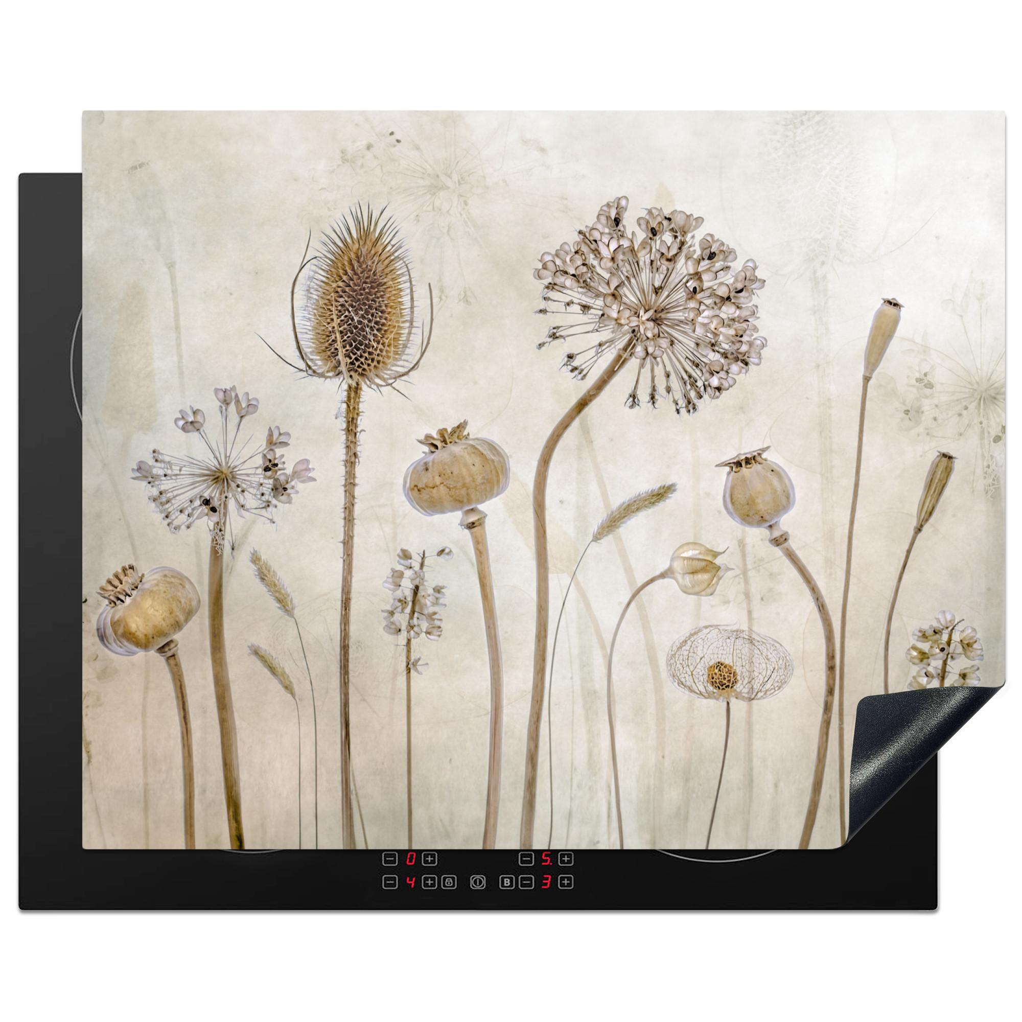 HERDABDECKPLATTE Blumen - Aquarell - Stilleben - Braun - Vintage Herdabdeckung Induktionsfeld 65x52 cm - Sandfarben, Kunststoff (65/52/0.2cm) - MuchoWow