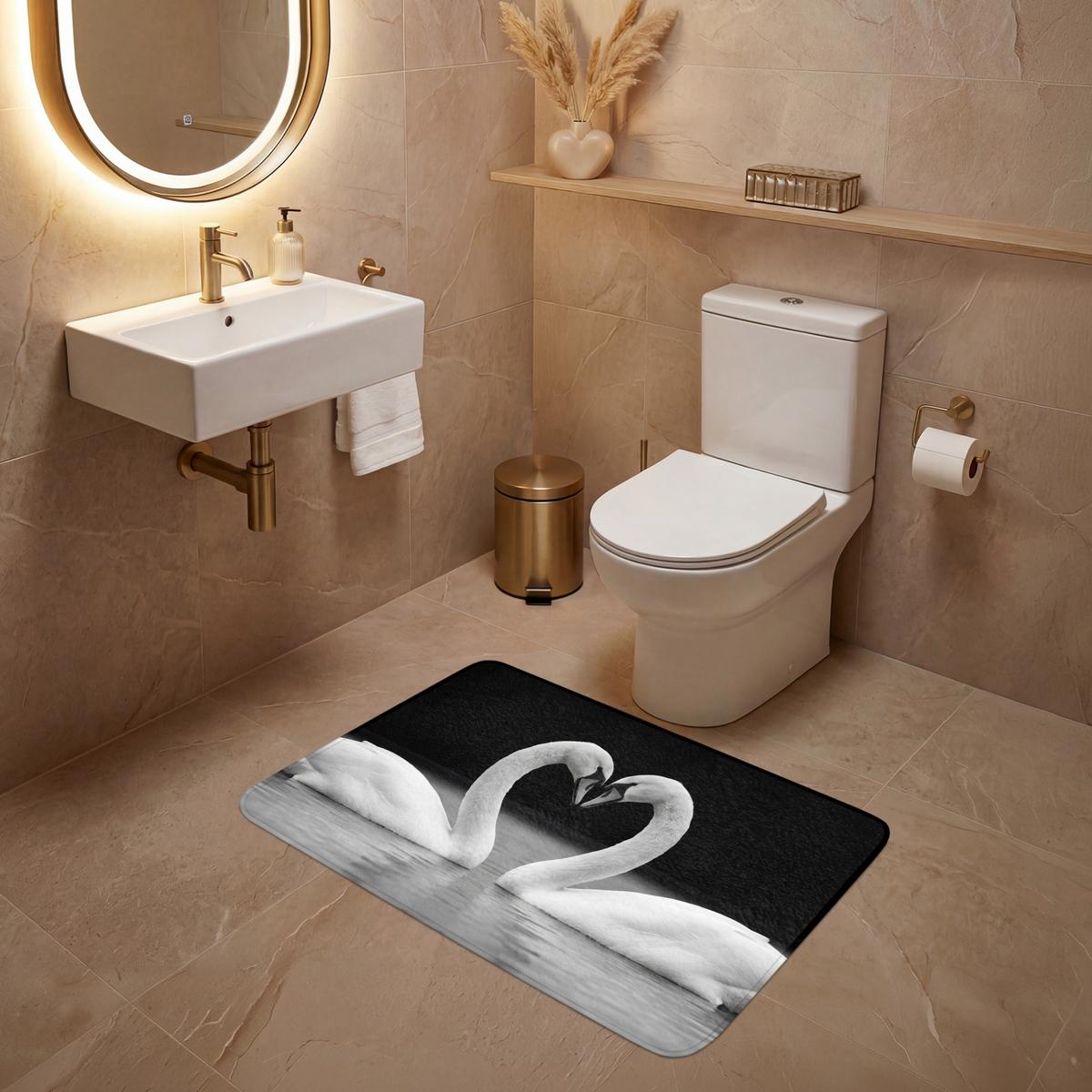WC-VORLEGER Schwäne - Herz - Schwarz - Weiß Toilettenteppich 90x60 cm - Schwarz, Textil (90/1cm) - OnlyWow