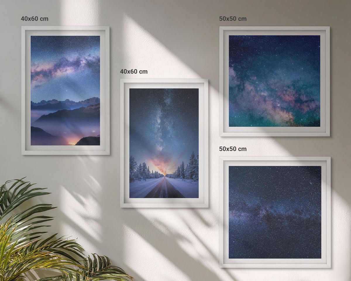 BILDER SET 4er Set - 50x50 cm & 40x60 cm Weißer Rahmen - Nachthimmel, Berge, Winter, Weltraum - Weiß, Kunststoff (50/50cm) - TULUP