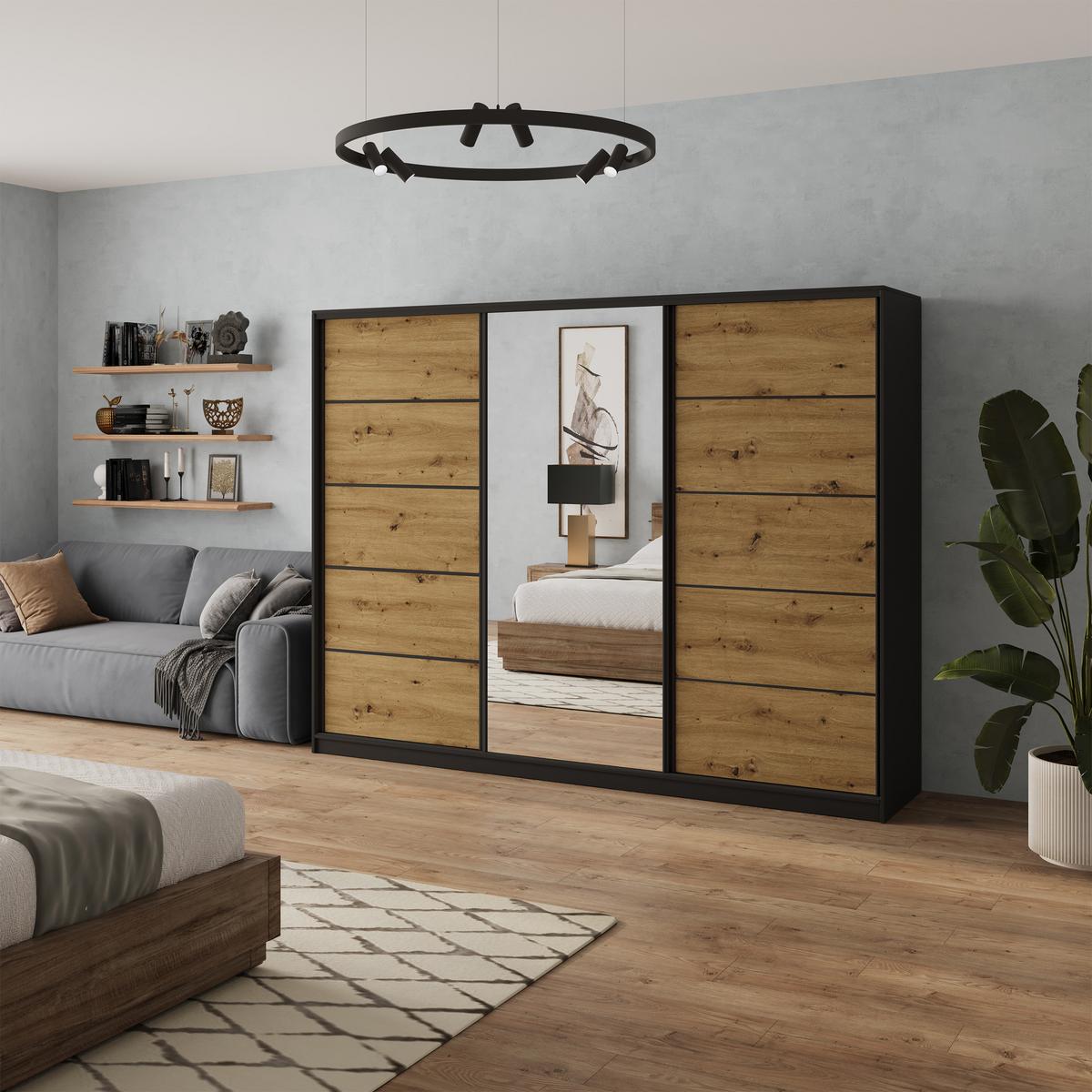 SCHWEBETÜRENSCHRANK NATA 235/205/58 cm 3-türig mit Spiegel und Schubladen Schwarz / Eiche Artisan - Schwarz/Eiche Artisan, Holzwerkstoff (235/205/58cm) - MASSENO