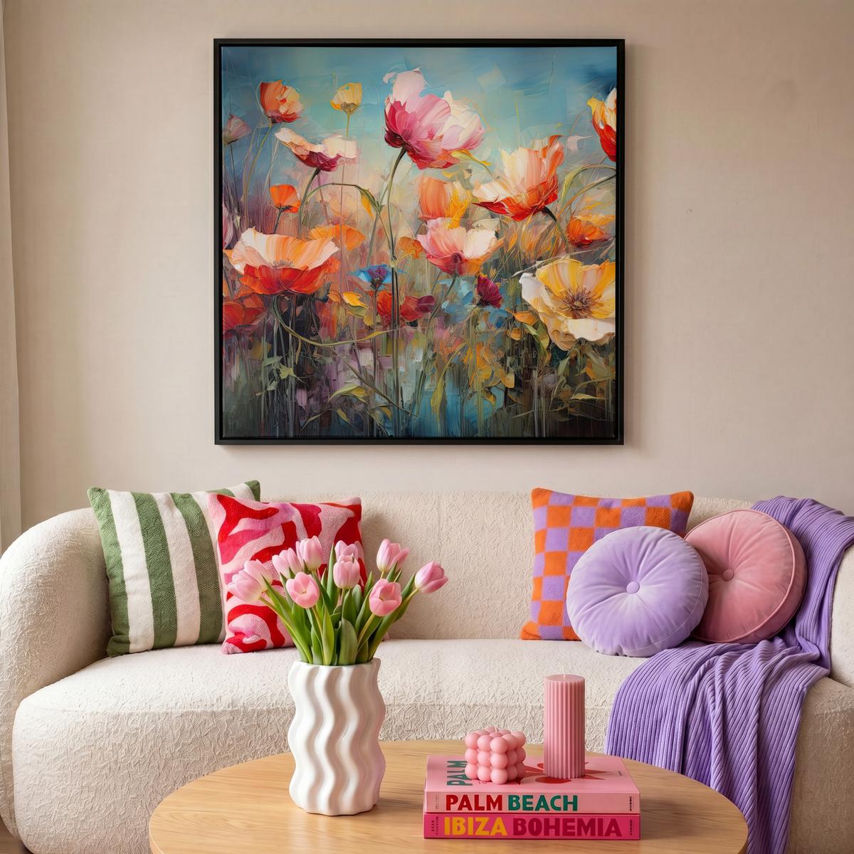 LEINWAND Bilder mit Rahmen - Blumen - Aquarell - Kunst - Botanisch - Natur - 90x90 - Orange, Textil (90/90cm) - MuchoWow