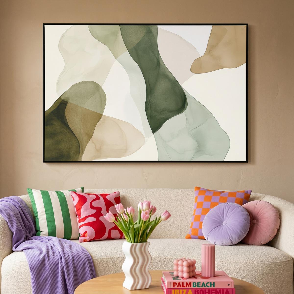 LEINWAND Bilder mit Rahmen - Japandi - Abstrakt - Grün - 120x80 - Salbeigrün, Textil (120/80cm) - MuchoWow
