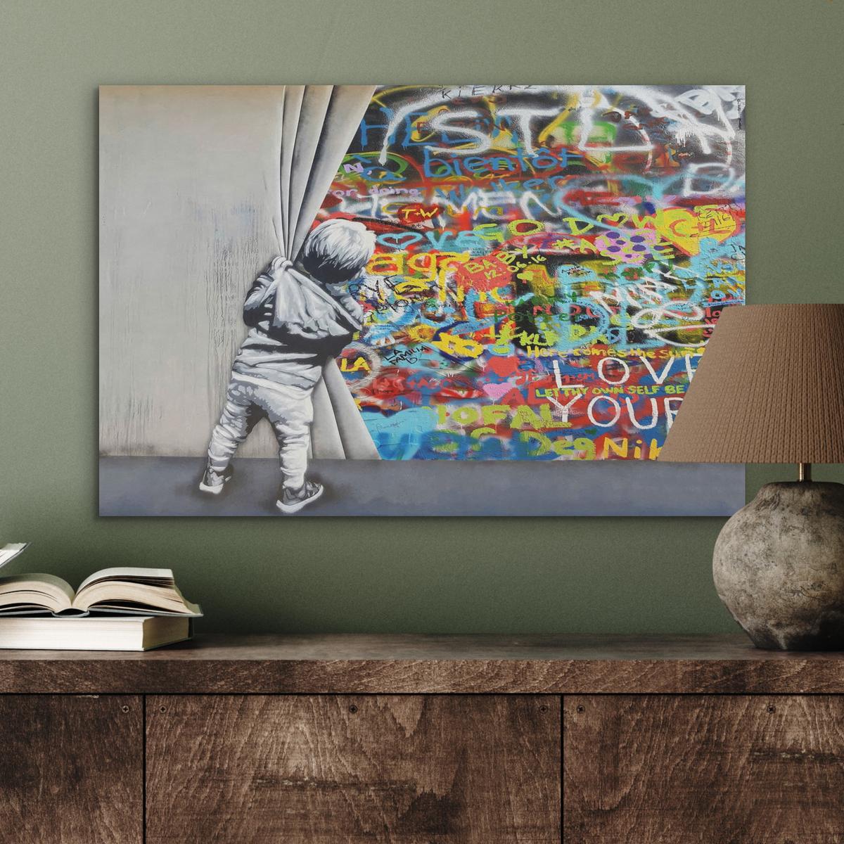 AKUSTIKBILD Graffiti - Junge - Ilussie - Straßenkunst Wanddeko 70x50 cm - Hellgrau, Kunststoff (70/50/0.9cm) - MuchoWow