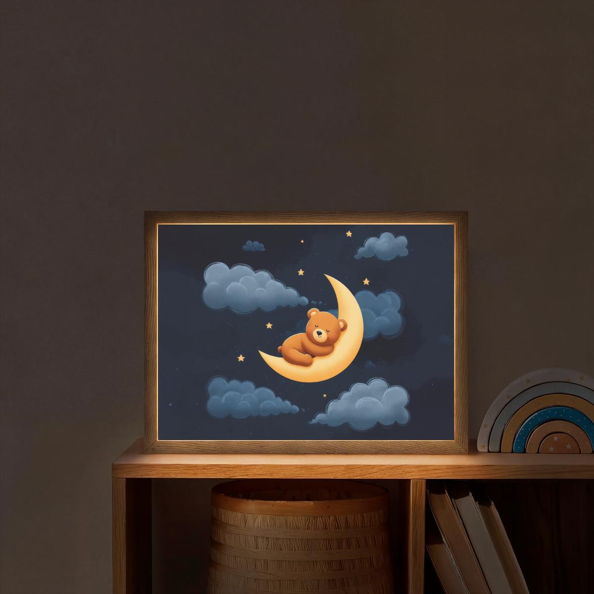 WANDLEUCHTE MIT AKKU Teddybär - Mond - Wolken - Sterne 40x30 cm - Dunkelblau, Holzwerkstoff (40/30/8cm) - OnlyWow