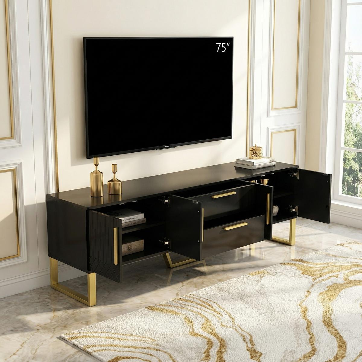 TV-SCHRANK 170 cm in Schwarz Hochglanz & Gold - Weiß, Holzwerkstoff (170/54/40cm) - Urban Meuble