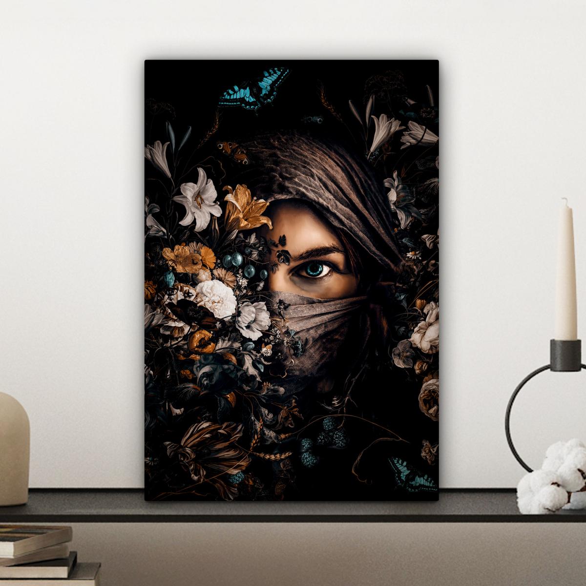 LEINWANDBILD Frau - Luxus - Blumen - Schmetterling - Porträt Deko Wohnzimmer 20x30 cm - Schwarz, Textil (20/30cm) - MuchoWow