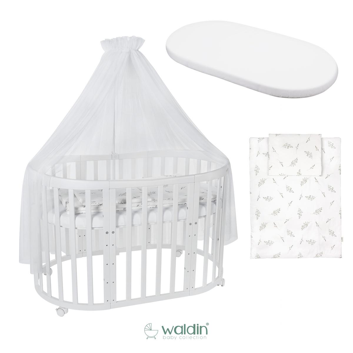 BABYBETT WHITE OVAL 7in1 mit Matratze und Himmelset - Weiß, Holz/Textil (73/125cm) - waldin
