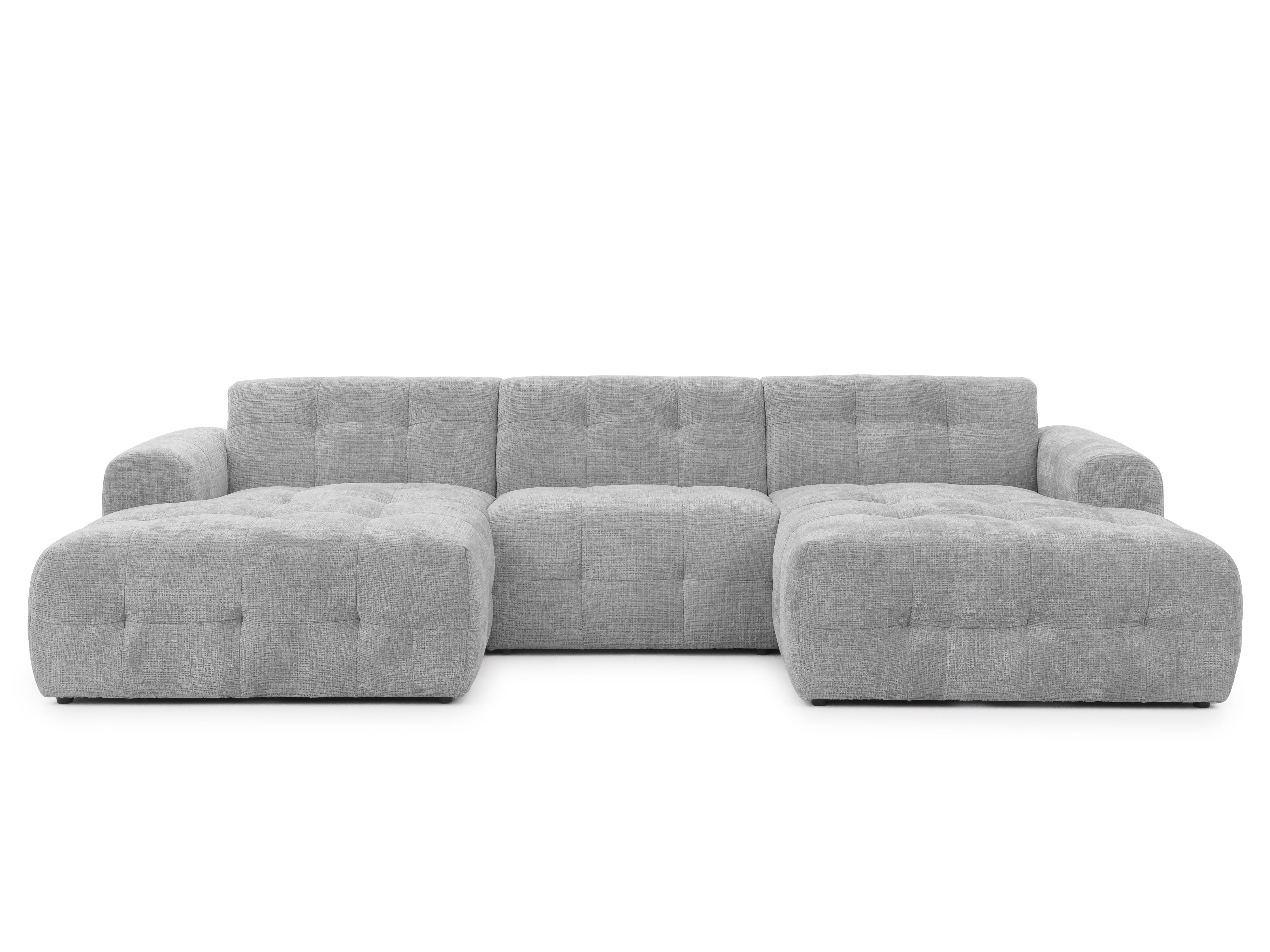 WOHNLANDSCHAFT in U-Form mit raffinierten Steppungen, 6-Sitzer, Wellenunterfederung, B323/T161/H79 cm, Chenille-Bezug in Hellgrau / 21051 - Hellgrau/Schwarz, Kunststoff/Textil (323/79/161cm) - luma-home
