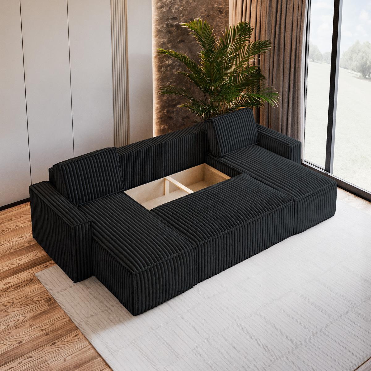 WOHNLANDSCHAFT PESANO T Schwarz Kordstoff mit Schlaffunktion - Schwarz/Grau, Holz/Kunststoff (306/85/140cm) - MASSENO