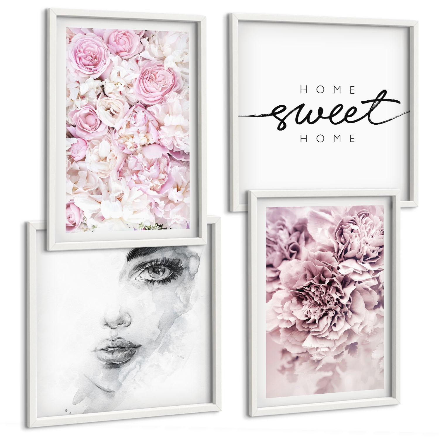 BILDER SET 4er Set - 50x50 cm & 40x60 cm Weißer Rahmen - Pfingstrosenporträt einer Frau zu Hause - Weiß, Kunststoff (50/50cm) - TULUP