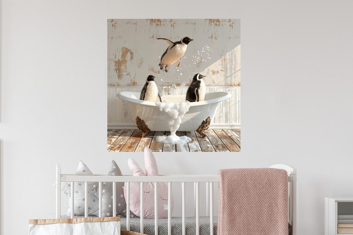 WANDTATTOO Vintage - Pinguin - Badewanne - Schaumstoff Wanddeko 50x50 cm - Schwarz, Kunststoff (50/50/0.1cm) - MuchoWow