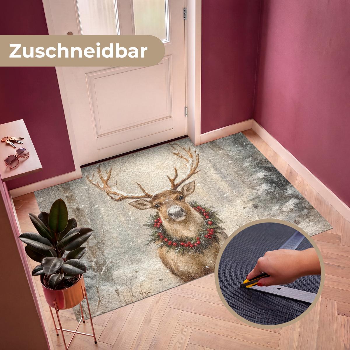 FUSSMATTE Weihnachten - Rentier - Winter - Kranz Flurteppich 180x120 cm - Braun, Kunststoff (180/0.4cm) - MuchoWow