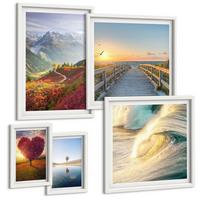BILDER SET 5er Set - 50x50 cm & 20x30 cm & 40x60 cm Weißer Rahmen - Landschaften Berge Wellen Baum Herz Pier - Weiß, Kunststoff (40/60cm) - TULUP