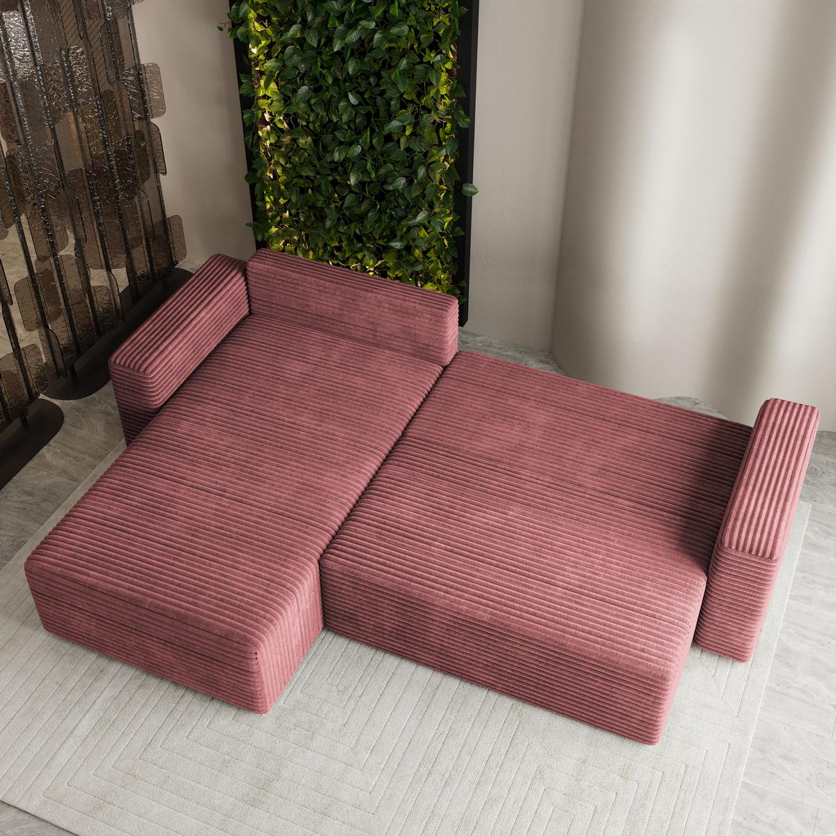ECKSOFA CALTI T Rosa Kordstoff mit Schlaffunktion - Rosa, Holzwerkstoff/Textil (283/183cm) - MASSENO