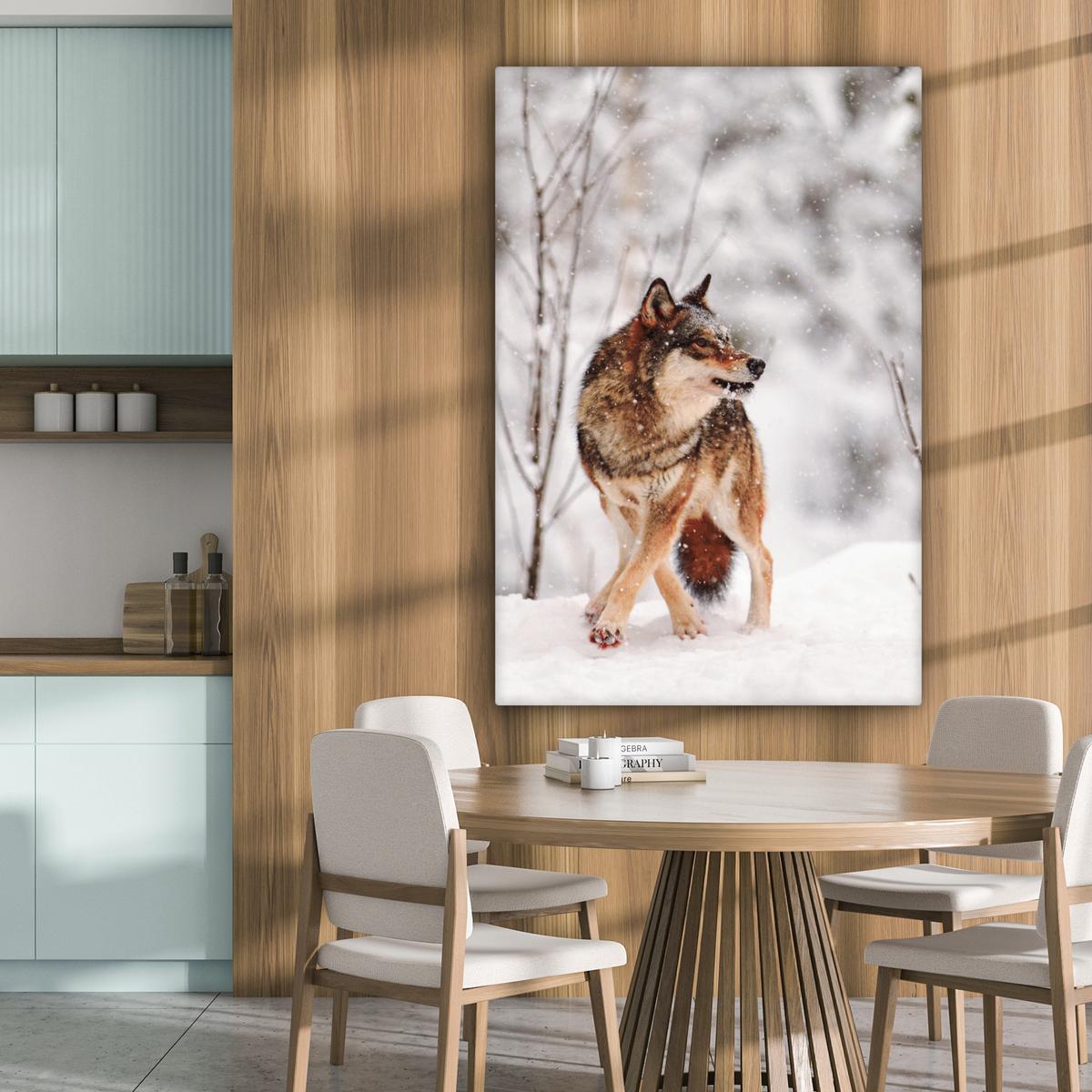 LEINWANDBILD Wolf - Winter - Schnee - Natur - Tiere Deko XXL 80x120 cm - Haselnussfarben, Textil (80/120cm) - MuchoWow