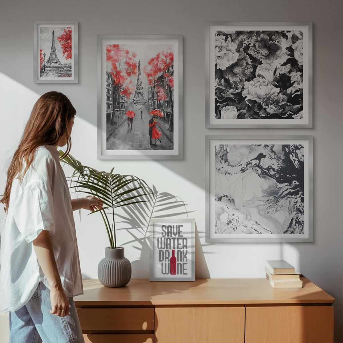 BILDER SET 5er Set - 50x50 cm & 20x30 cm & 40x60 cm Silberner Rahmen - graue Gemälde des Eiffelturms - Silberfarben, Kunststoff (40/60cm) - TULUP