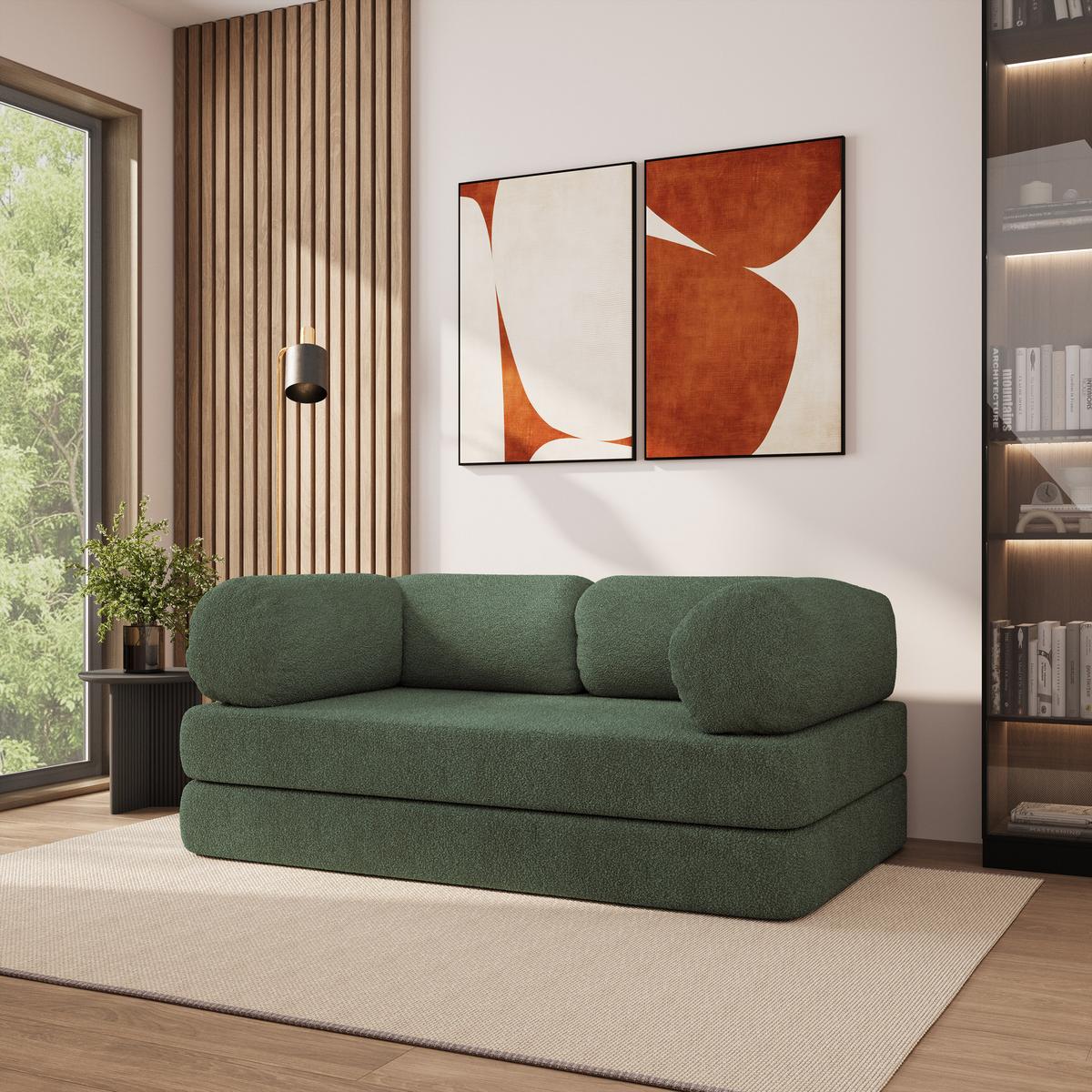 BETTSOFA EIREN aus Schaumstoff Bucle-Stoff Grün Schlaffunktion - Grün, Textil (170/68/80cm) - MASSENO