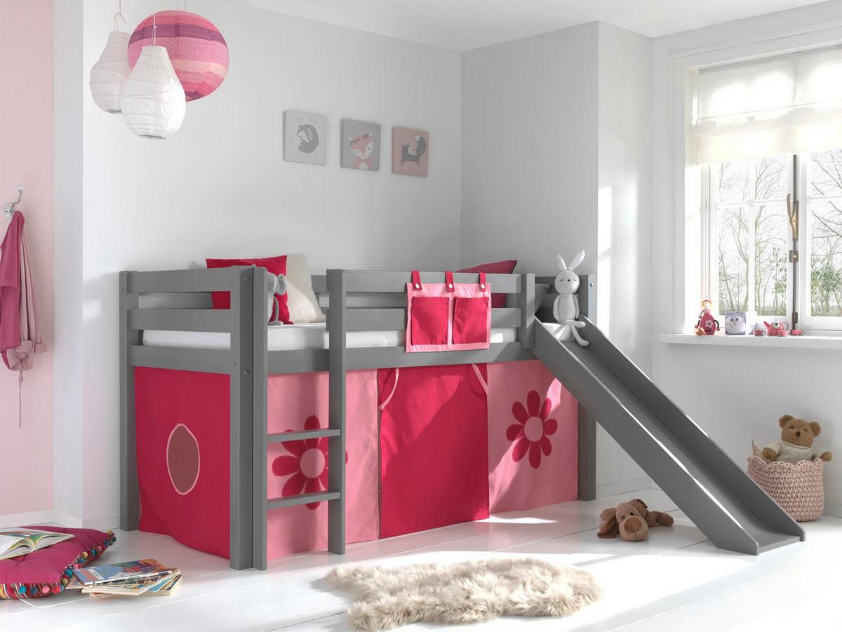 HOCHBETT mit Rutsche Karolina Massivholz Grau Textilset Flower - Pink/Grau, Holz (90/200cm) - 58aufmkessel