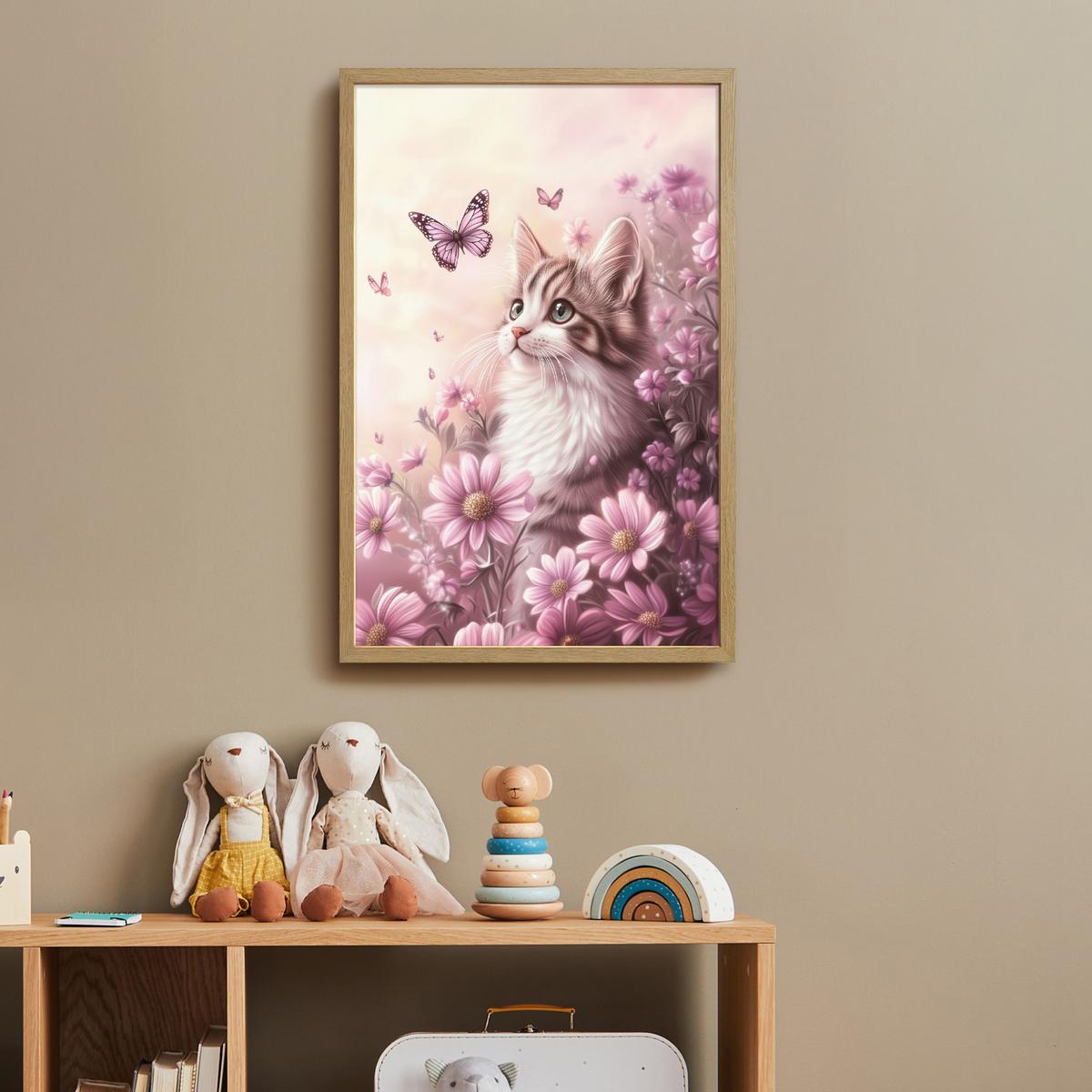 WANDLEUCHTE MIT AKKU Kätzchen - Blumen - Schmetterlinge - Lila 40x60 cm - Altrosa, Holzwerkstoff (40/60/8cm) - OnlyWow
