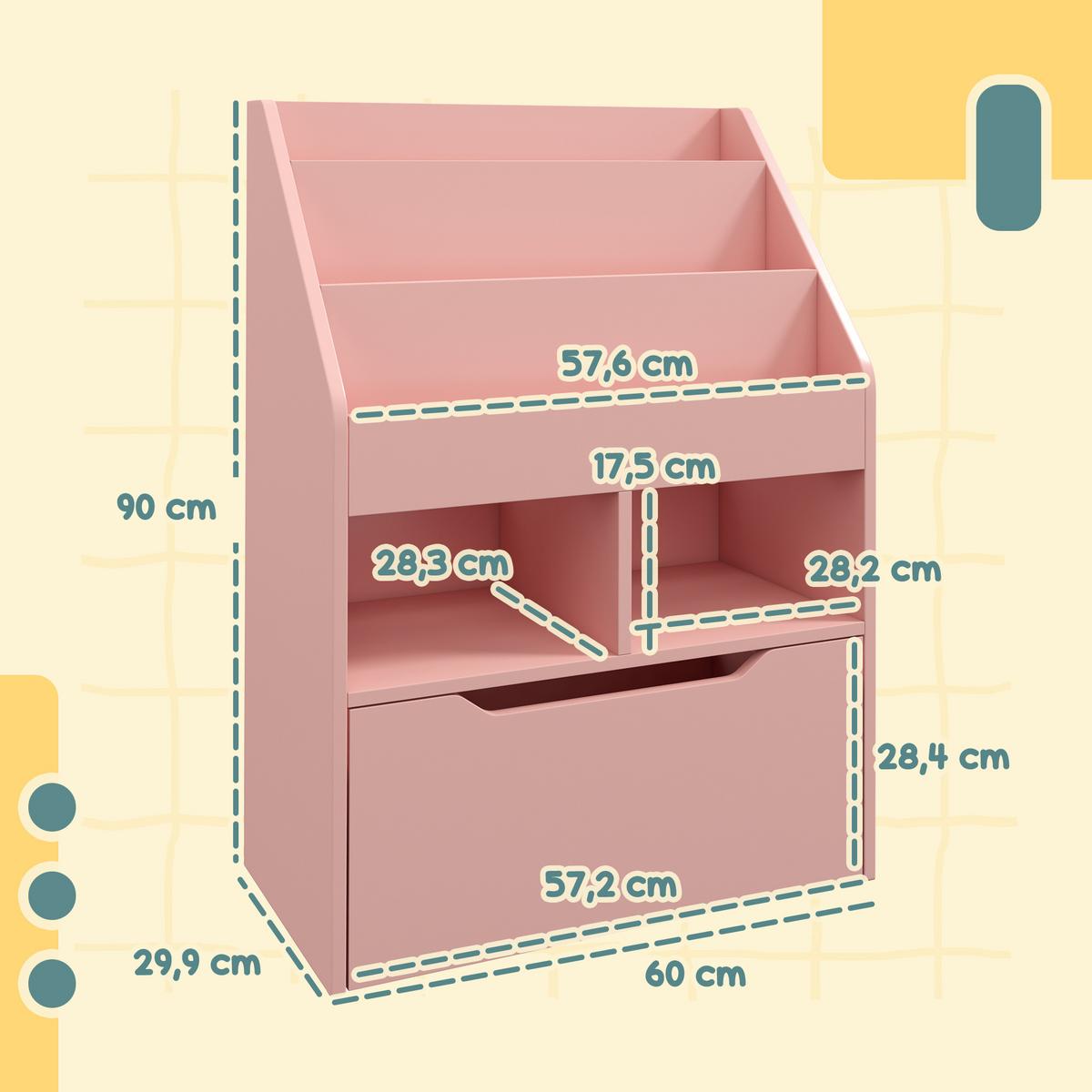 KINDER Bücherregal Kinderregal mit Schublade, 3 Ablagefächern, 2 offenen Fächern - Rosa, Holzwerkstoff (29.9/90/60cm) - HOMCOM