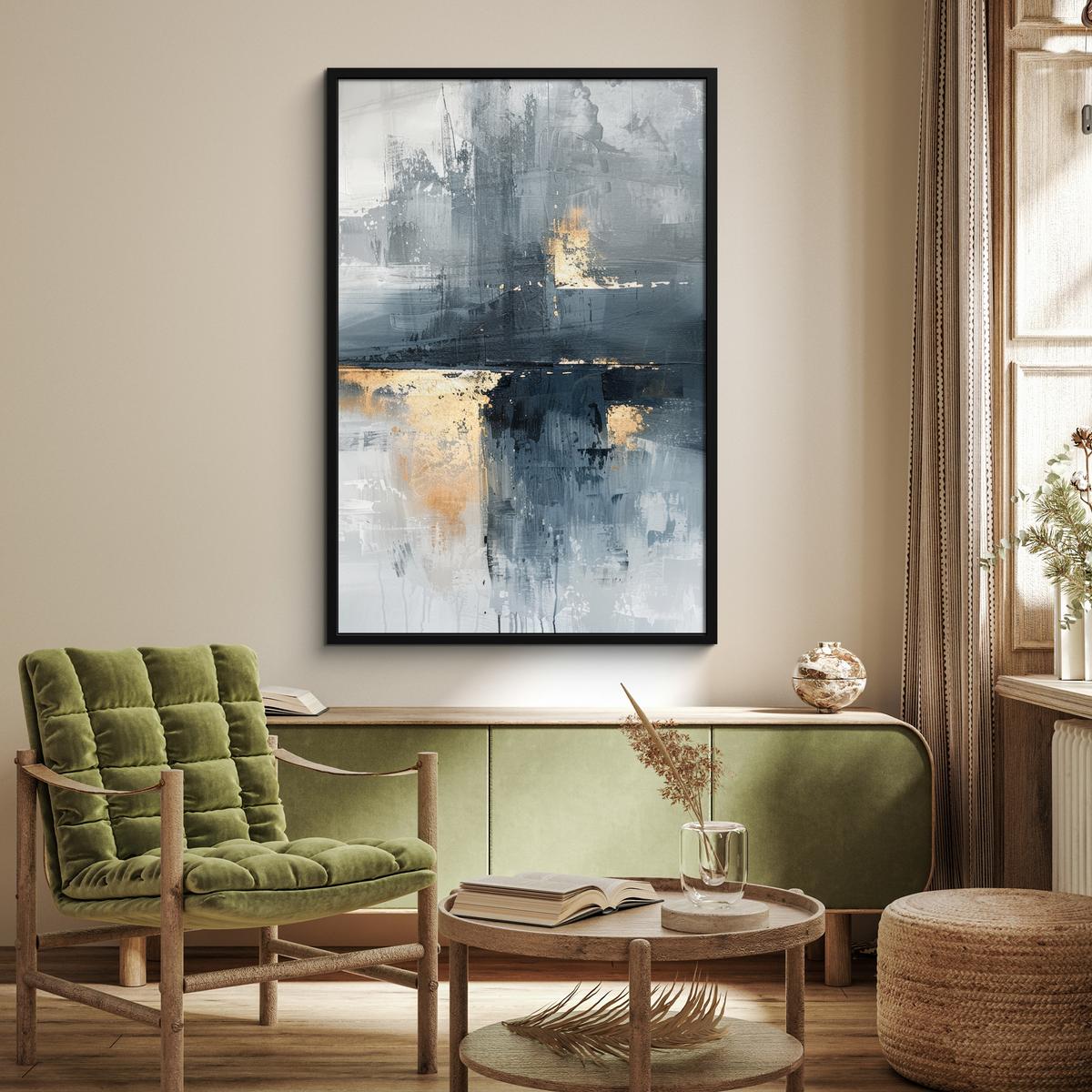 POSTER MIT RAHMEN Kunst - Grau - Gold - Abstrakt Bilderleiste 80x120 cm - Dunkelgrau, Papier (80/120cm) - MuchoWow