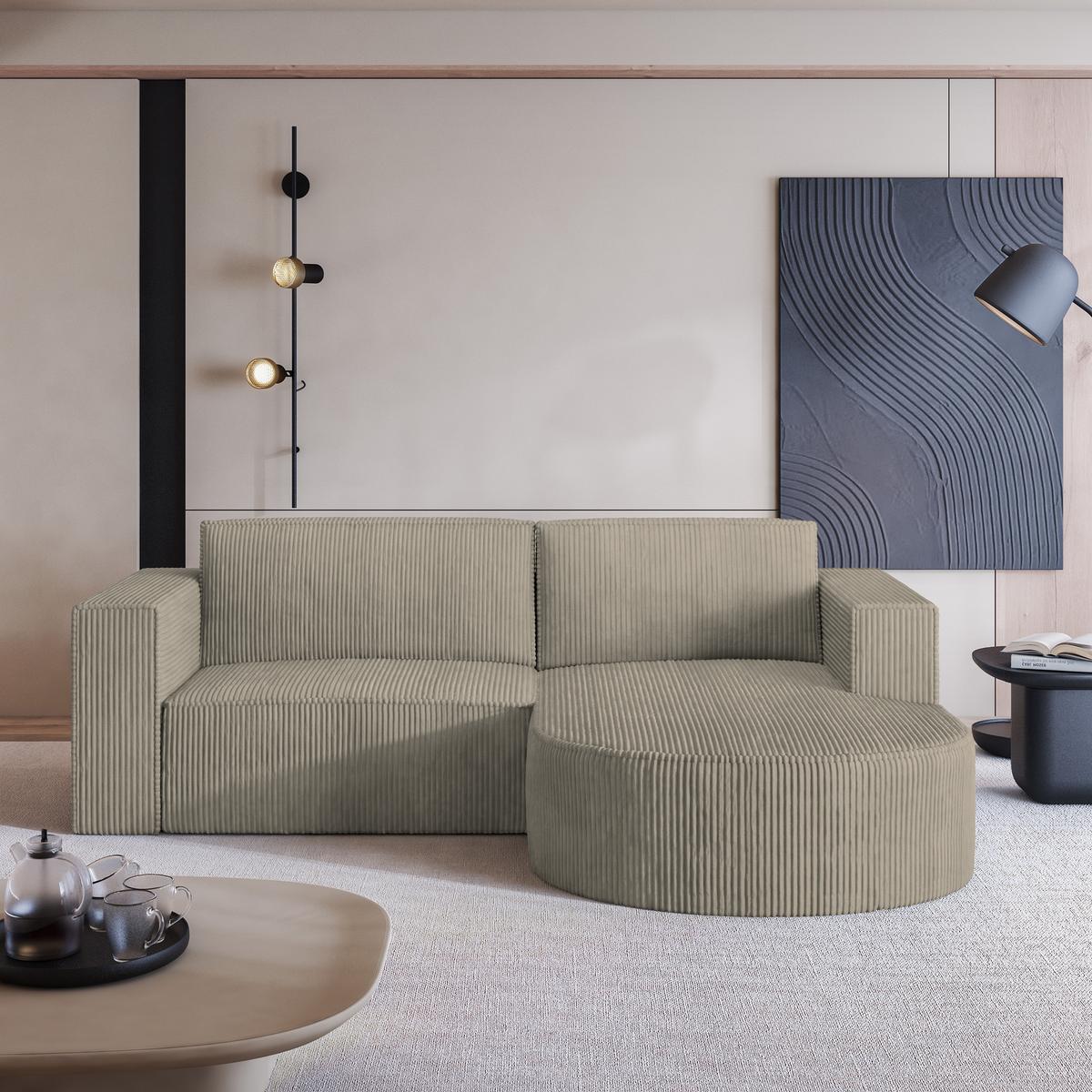 ECKSOFA SORELA P R-S Beige Kordstoff mit Schlaffunktion - Beige, Holz (263/174cm) - MASSENO