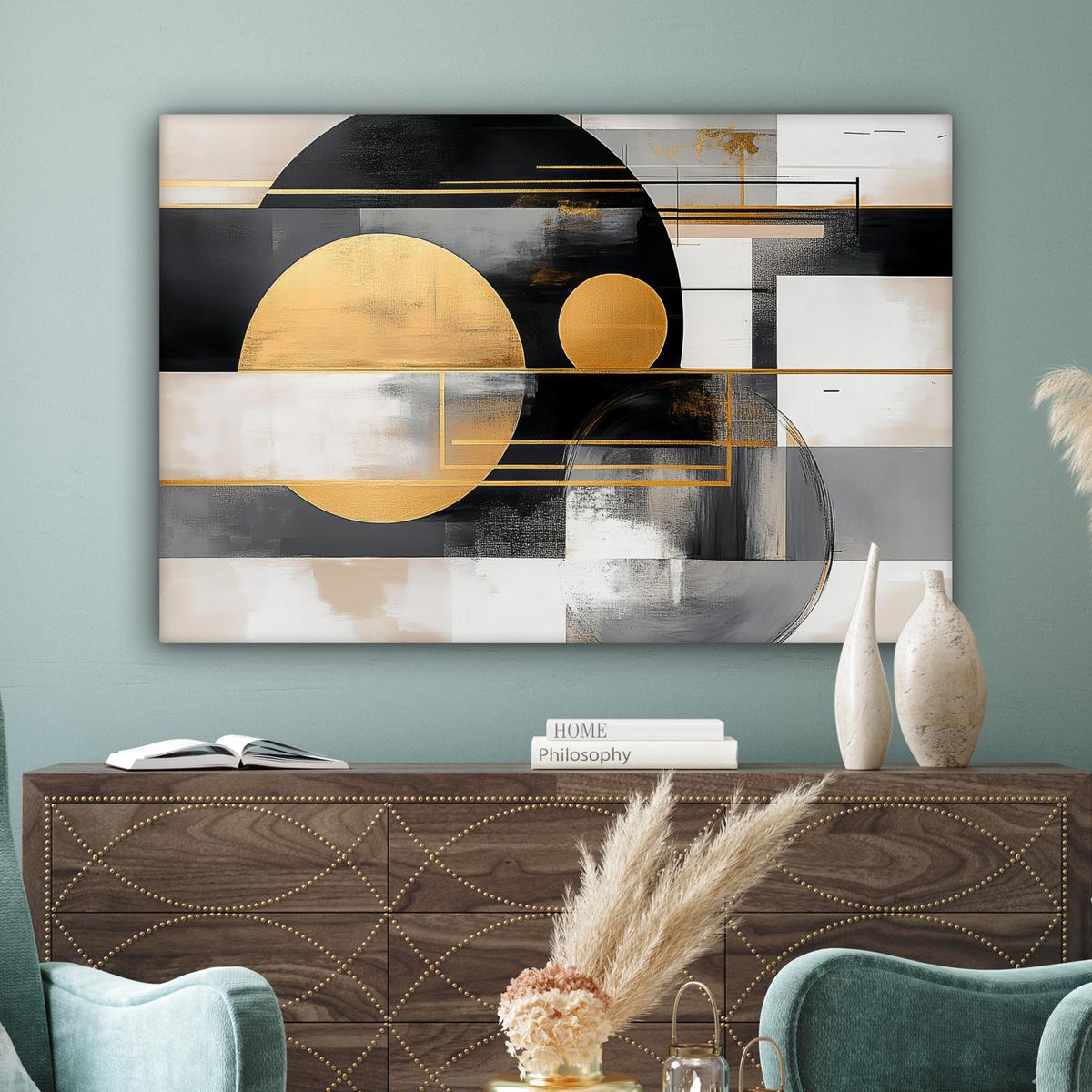 LEINWANDBILD Abstrakt - Gold - Silber - Formen - Ästhetisch - Modern Groß 140x90 cm - Goldfarben, Textil (140/90cm) - MuchoWow