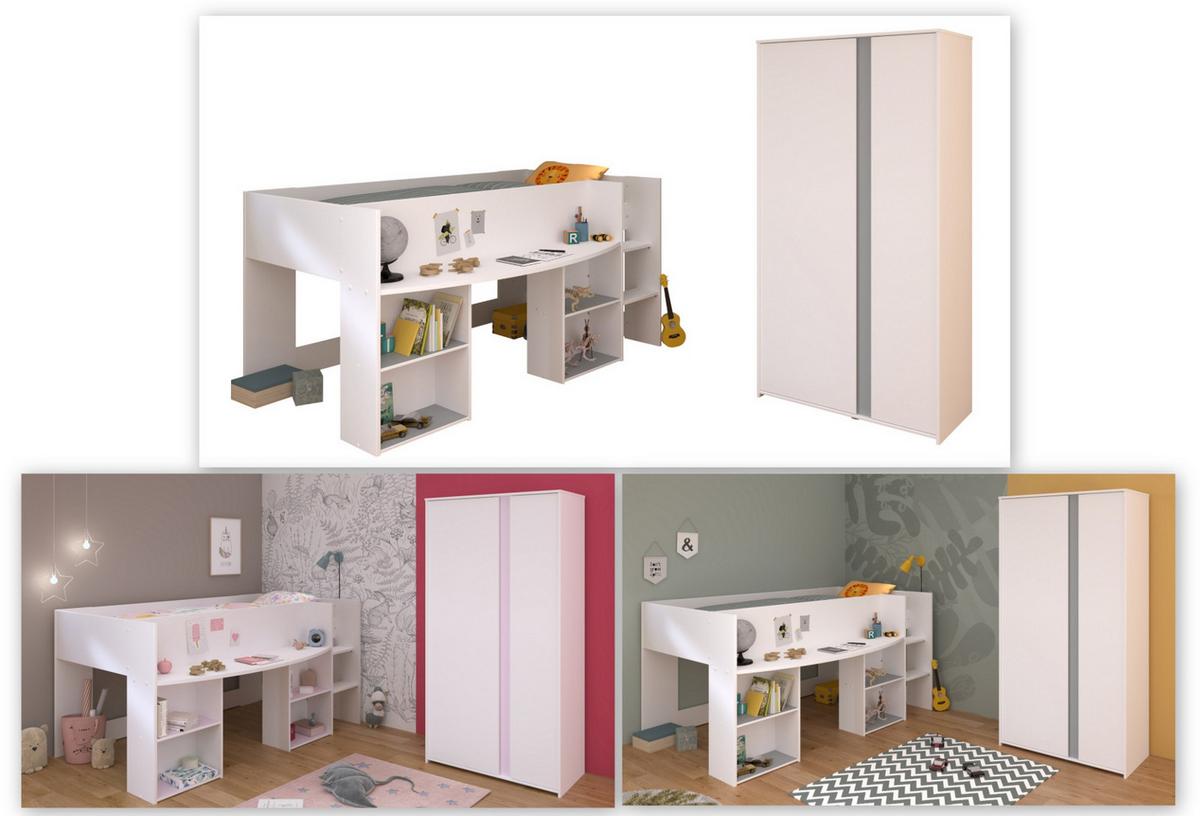 KINDERZIMMER in weiß Set 2-tlg. mit Kleiderschrank und Hochbett 90x200 - Weiß/Rosa, Holz/Holzwerkstoff (205/182/104cm) - Parisot Meuble