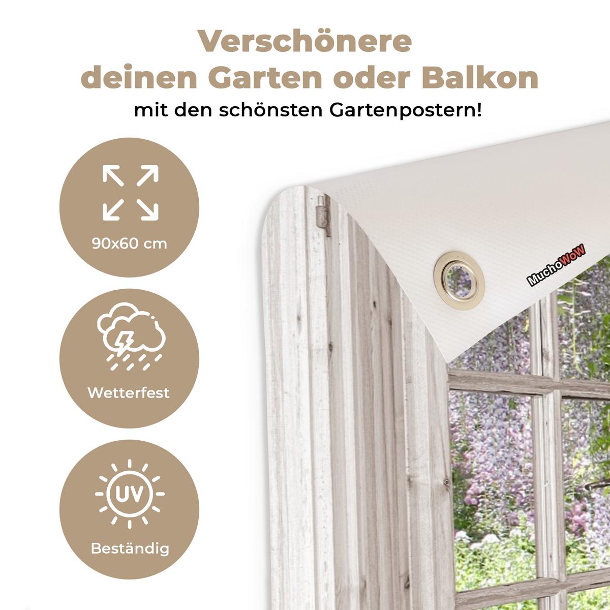 GARTENPOSTER Blauer Regen - Blumen - Aussicht - Baum - Frühling Gartendeko 90x60 cm - Beige, Kunststoff (90/60/0.2cm) - OnlyWow