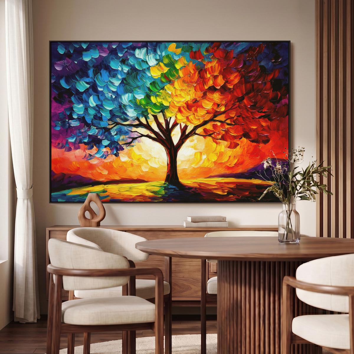 LEINWAND Bilder mit Rahmen - Baum - Kunst - Natur - Sonnenuntergang - 120x80 - Multicolor, Textil (120/80cm) - MuchoWow