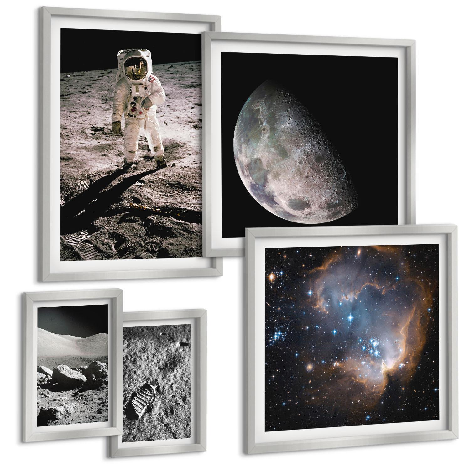 BILDER SET 5er Set - 50x50 cm & 20x30 cm & 40x60 cm Silberner Rahmen - Astronautenfoto vom Mond - Silberfarben, Kunststoff (40/60cm) - TULUP