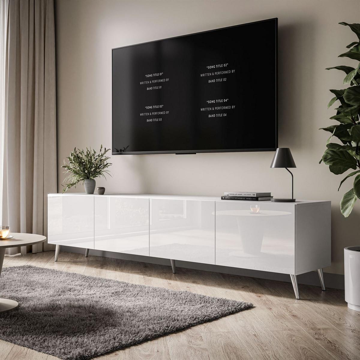 TV-ELEMENT AURA 200 Weiß Hochglanz – Beinfarbe: Chrom - Weiß, Holzwerkstoff (200/49/40cm) - Lookway