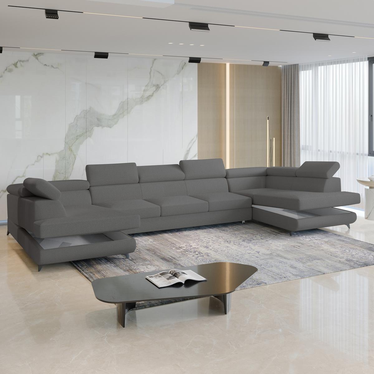 WOHNLANDSCHAFT URMANO Grau Boucle-Stoff mit Schlaffunktion - Grau, Holz (395/89/190cm) - MASSENO