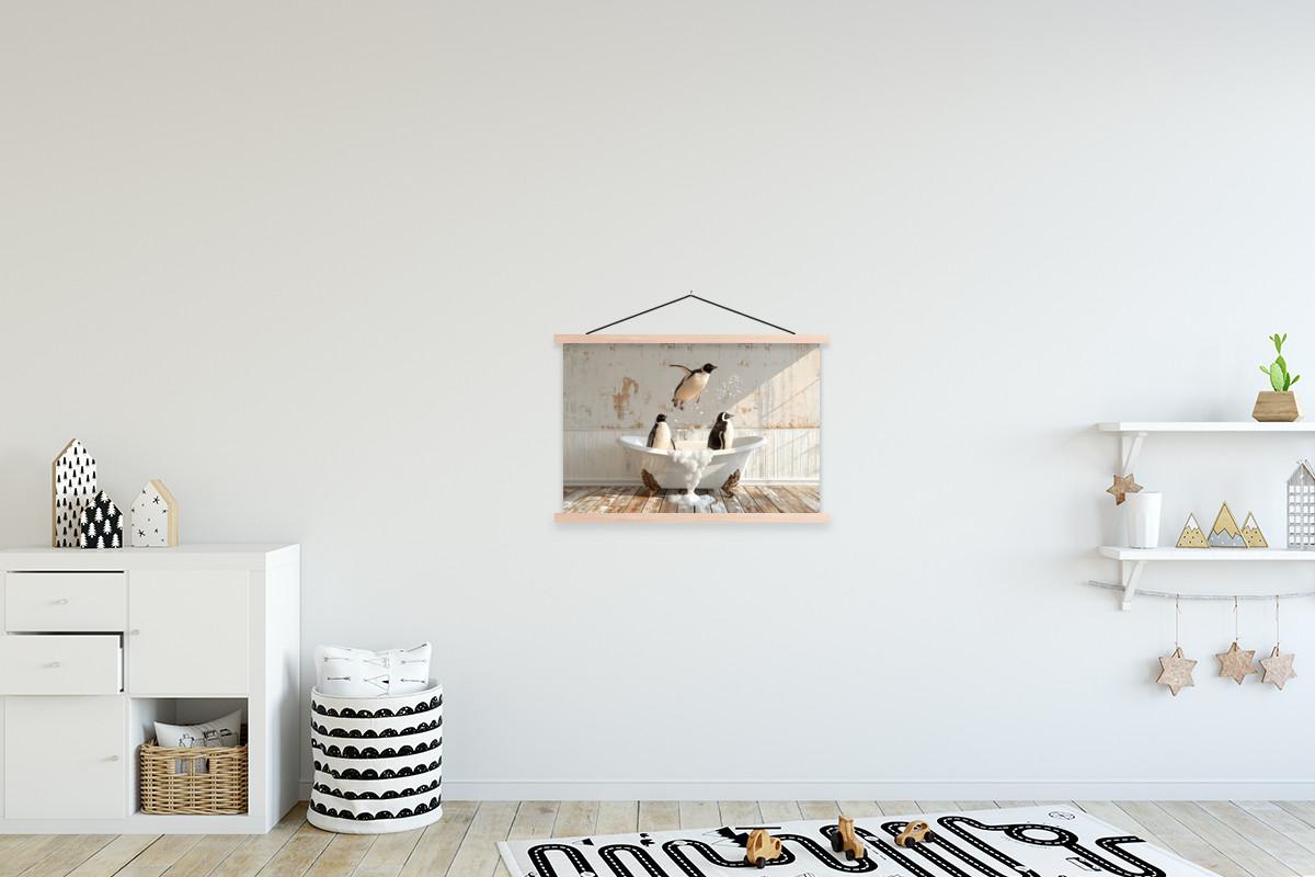POSTER MIT MAGNETLEISTEN Vintage - Pinguin - Badewanne - Schaumstoff Wandbilder 60x40 cm - Schwarz, Textil (60/40/0.15cm) - MuchoWow
