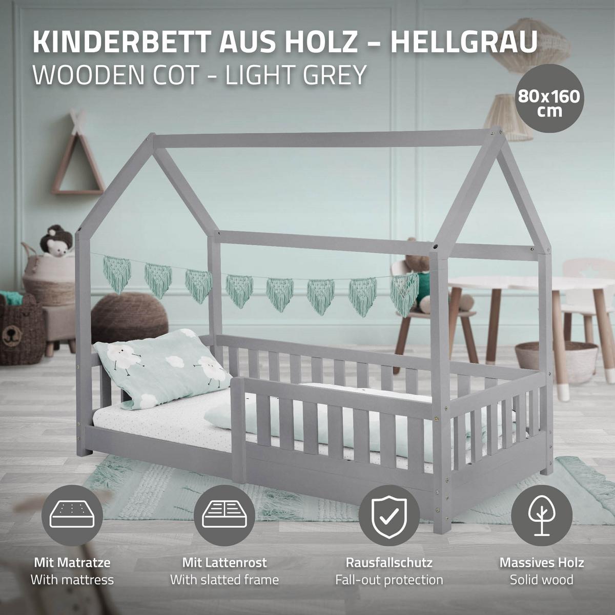 KINDERBETT mit Dach und Matratze 80x160 cm Hellgrau - Hellgrau, Holz (80/160cm) - ML-DESIGN