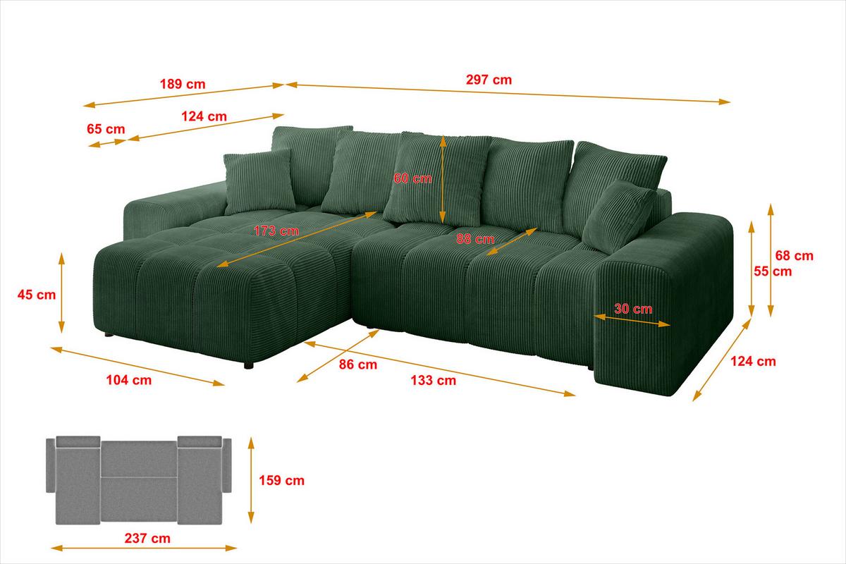 ECKSOFA Ottomane links ENIL-L 297x189x68 Grün Cord - Grün, Holzwerkstoff/Kunststoff (297/189cm) - ALTDECOR