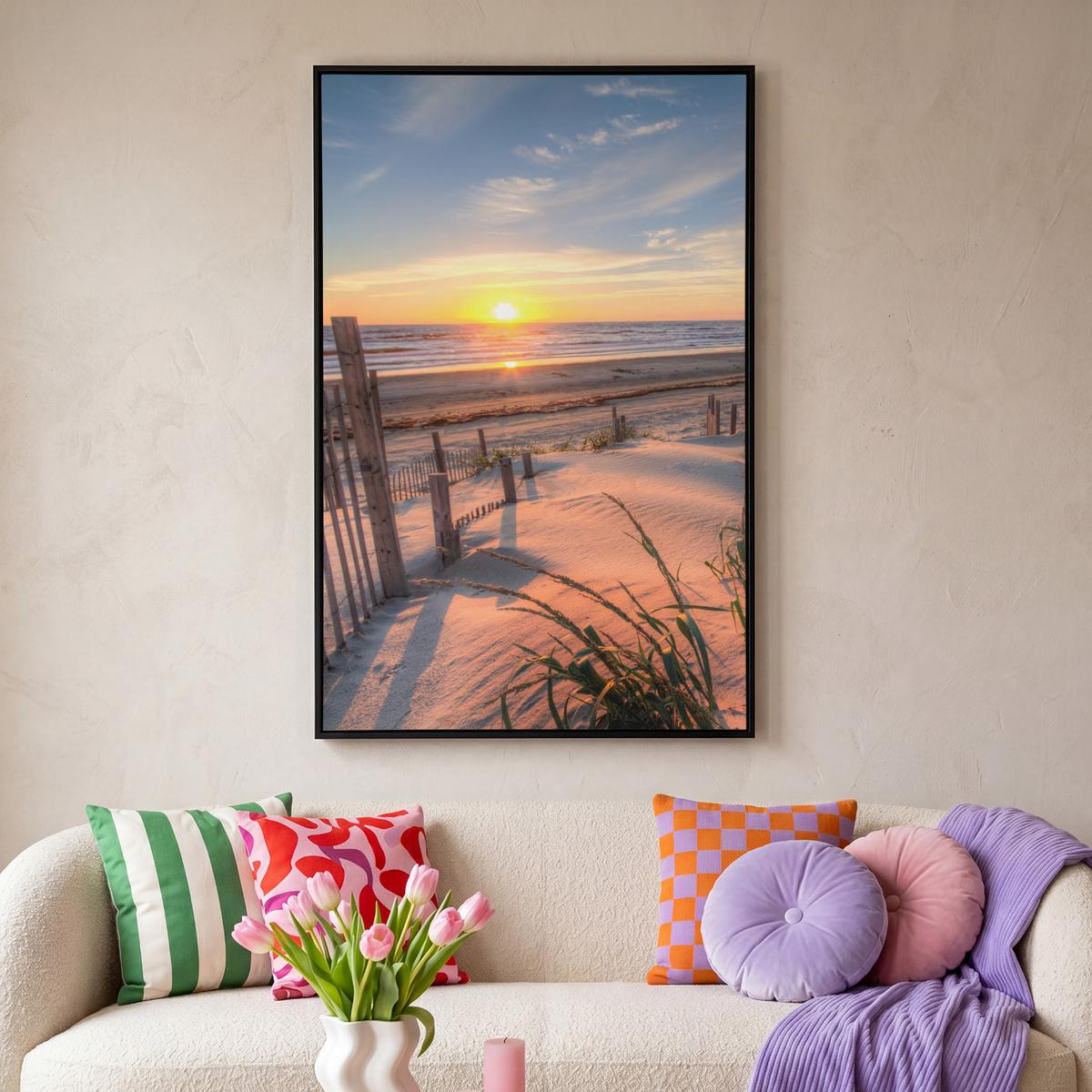 LEINWAND Bilder mit Rahmen - Strand - Meer - Düne - Sonnenuntergang - Landschaft - 90x140 - Beige, Textil (90/140cm) - MuchoWow