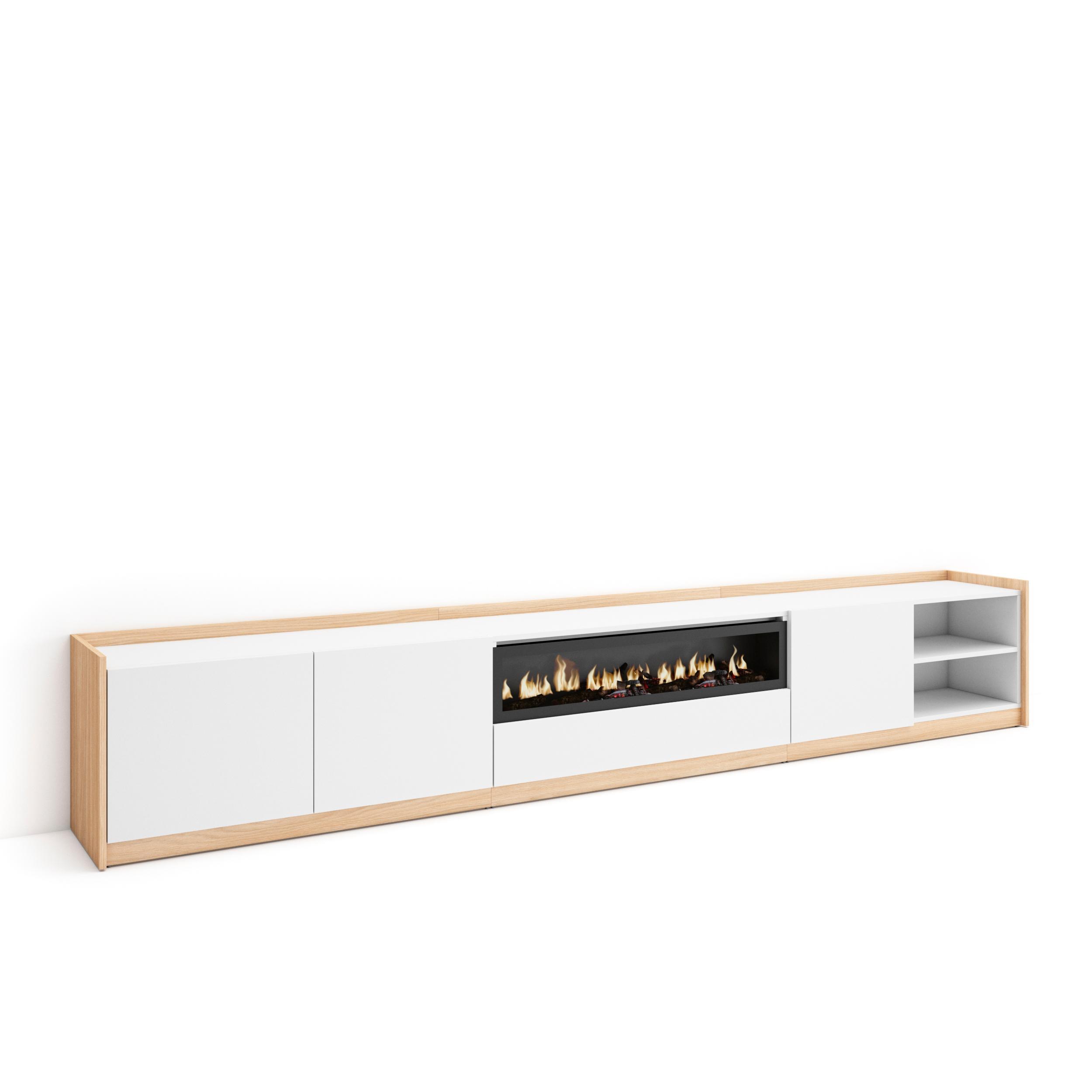 LOWBOARD, Weiß und Eiche Soft, Elektrokamin, 310/37/50cm - Weiß, Holzwerkstoff (310/50/37cm) - Skraut Home