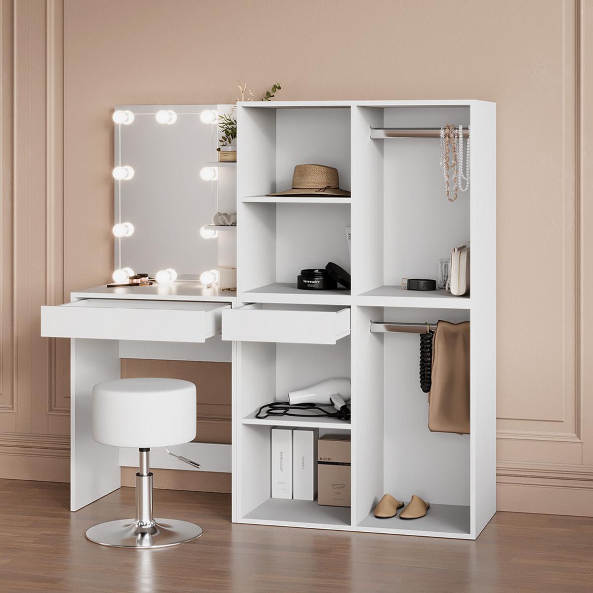 SCHMINKTISCH Nola Weiß 140 cm mit Hocker und Schrank - Weiß, Holzwerkstoff (140/140/40cm) - Livinity®