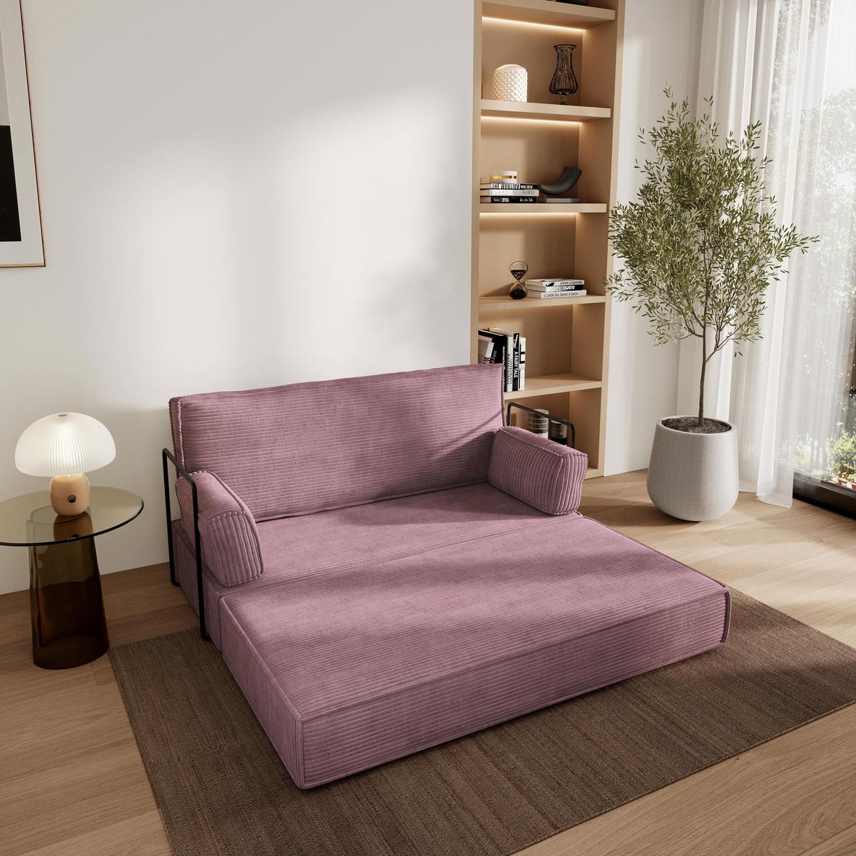 BETTSOFA LADIA aus Schaumstoff Kordstoff Lila Schlaffunktion - Lila, Textil (140/86/60cm) - MASSENO
