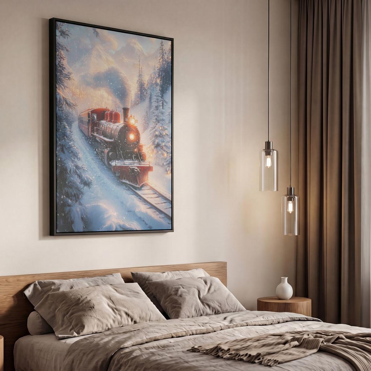 LEINWAND Bilder mit Rahmen - Weihnachtszug - Schnee - Winter - Weihnachten - 60x90 - Dunkelrot, Textil (60/90cm) - MuchoWow