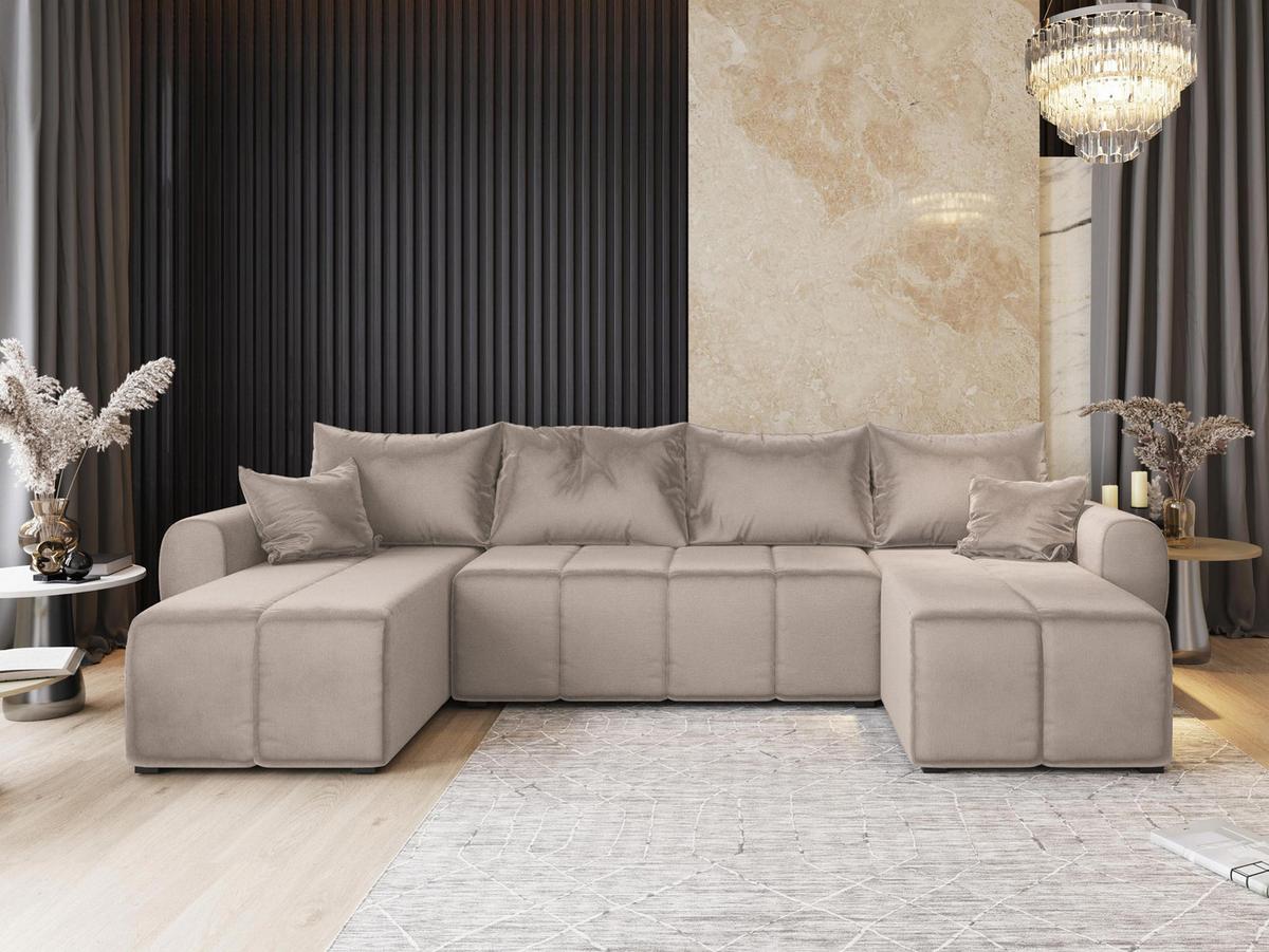 WOHNLANDSCHAFT MADISON U Beige Plüsch-Stoff mit Schlaffunktion - Beige/Schwarz, Holz/Kunststoff (311/82/145cm) - MASSENO