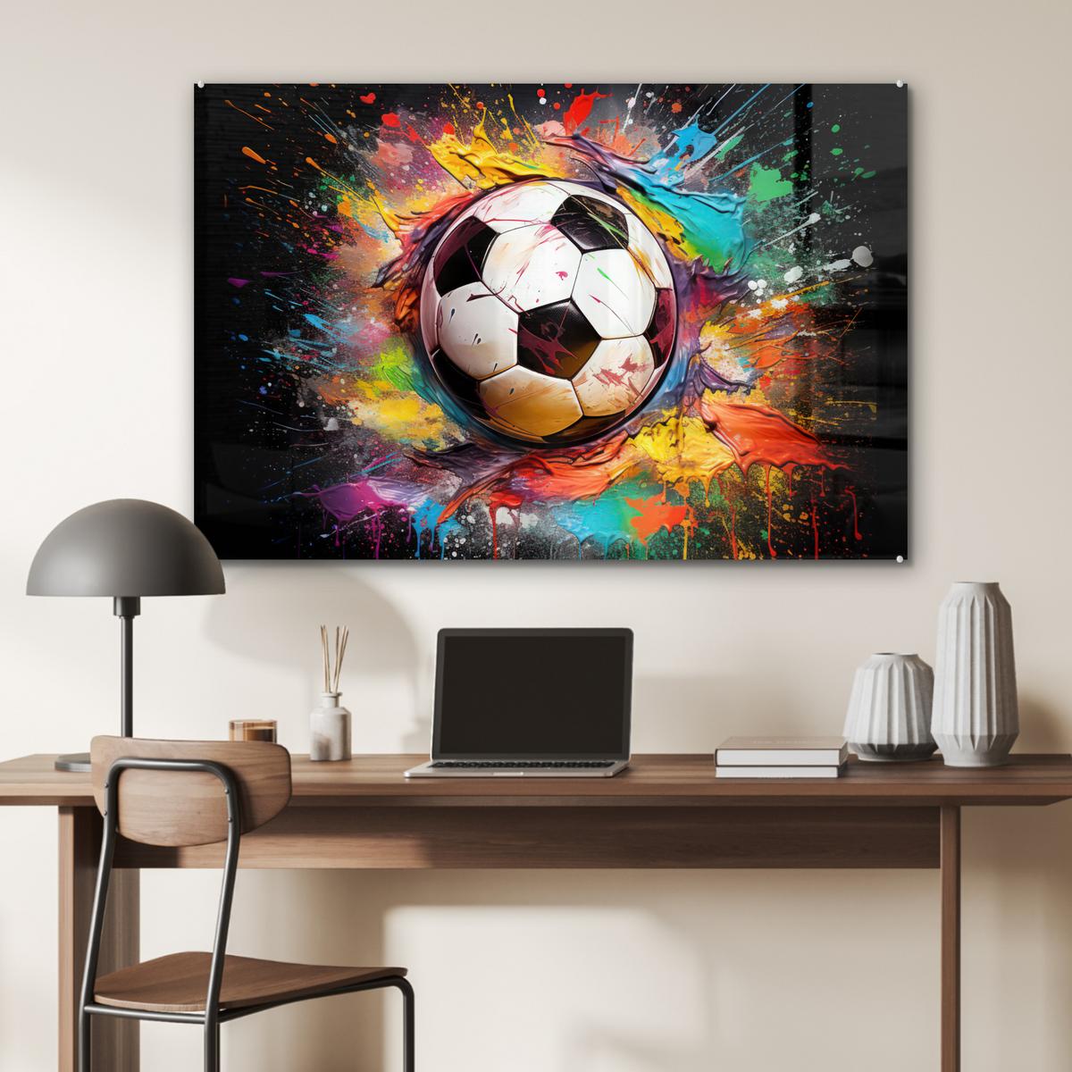 ACRYLGLASBILD Fußball - Farbe - Farben - Schwarz - Weiß Room Decor 90x60 cm - Weiß, Glas (90/60cm) - MuchoWow