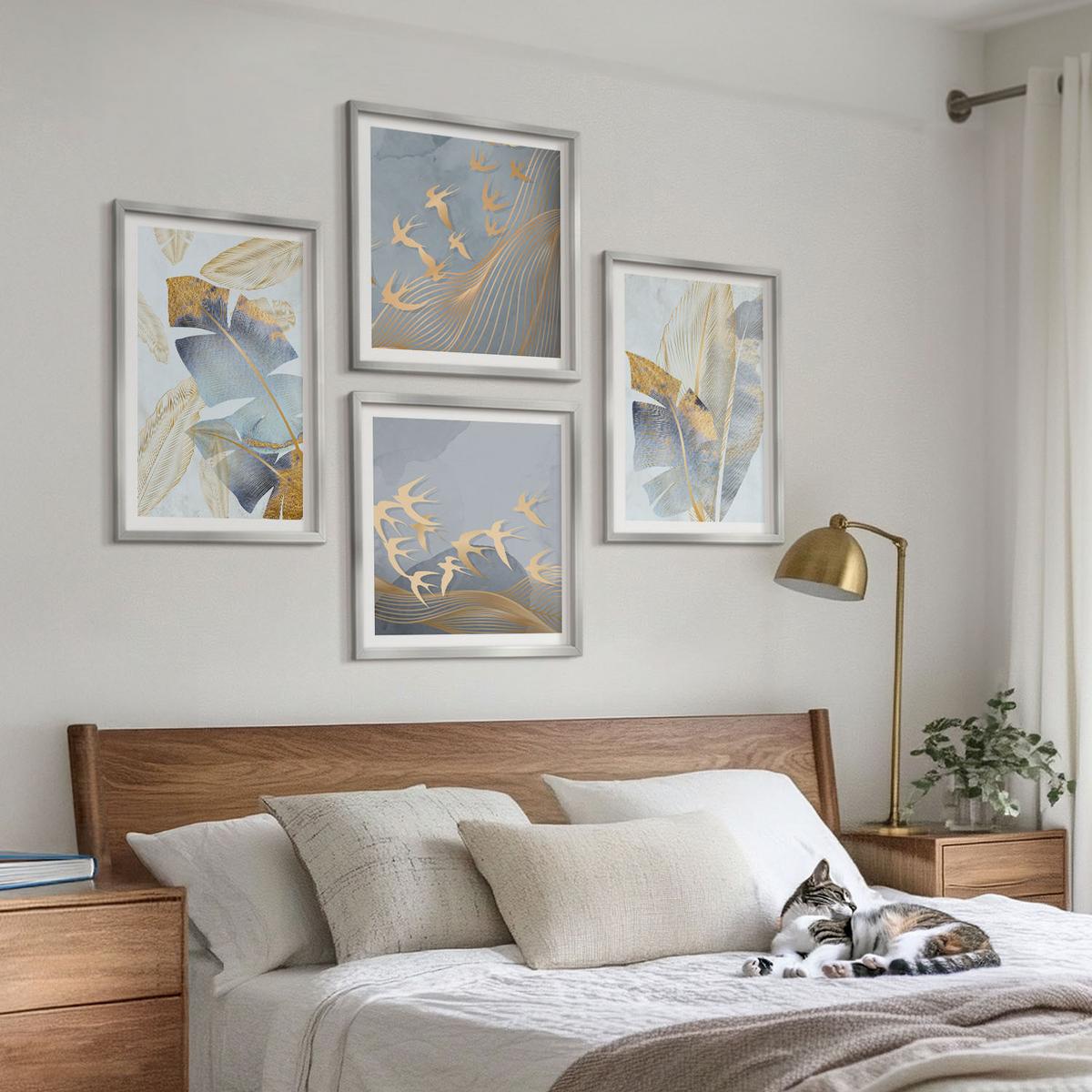 BILDER SET 4er Set - 50x50 cm & 40x60 cm Silberner Rahmen - Blaubeige Blätter im Hintergrund - Silberfarben, Kunststoff (50/50cm) - TULUP