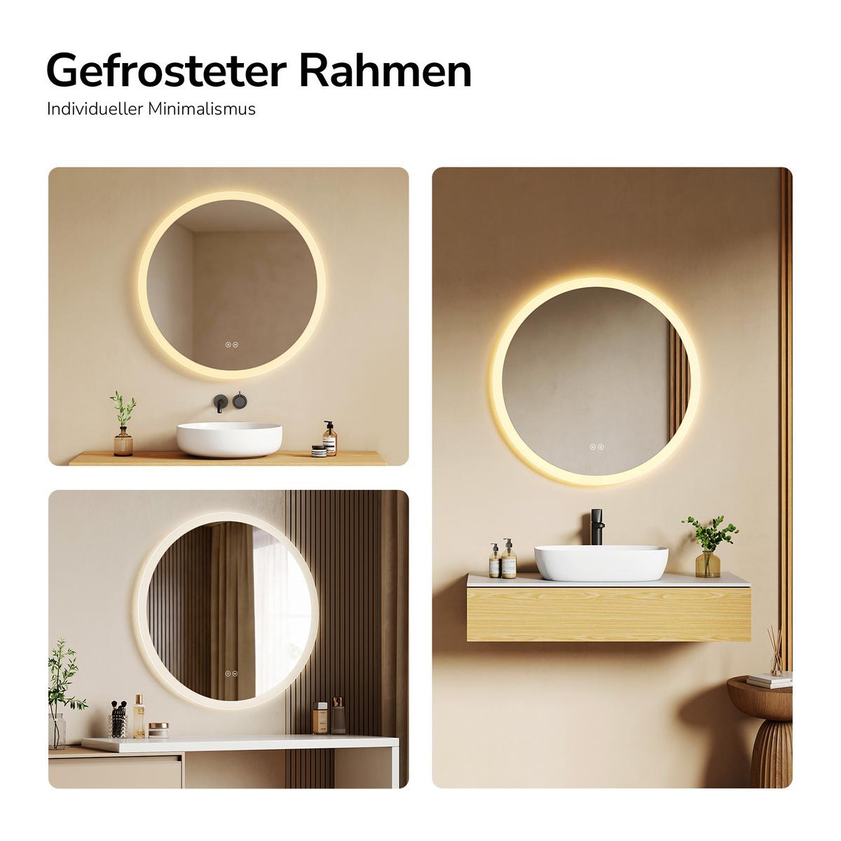 BADSPIEGEL Rund mit LED-Beleuchtung Ø 70 cm, 3 Lichtfarben, beschlagfrei - Transparent, Glas (70/70/3.5cm) - EMKE