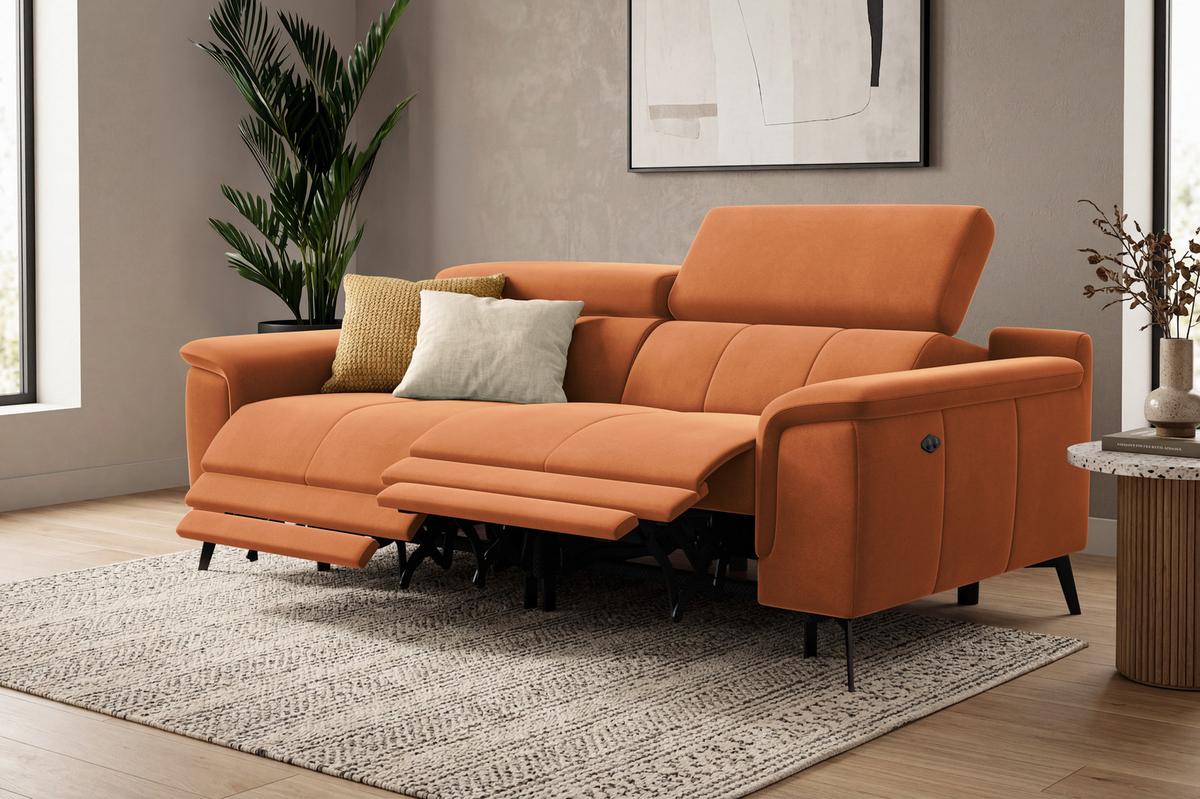 SOFA RELAX FIERO 3-Sitzer, Oranger Veloursstoff - Schwarz/Orange, Holz/Textil (212/82/103cm) - Courtois Laville